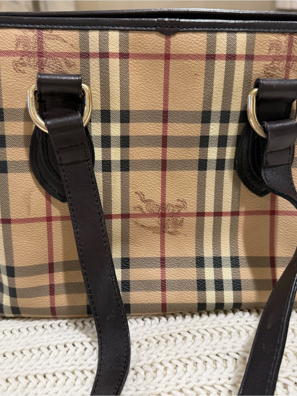 Burberry Beige Black Red Classic Check Tote with Dark Brown Leather Trim